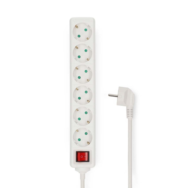 Nedis Stekkerdoos | Randaarde stekker / Type F (CEE 7/7) | 6-wegs | 5.00 m | 3680 W | 16 A | Soort aarding: Zijcontacten | 230 V AC 50/60 Hz | Hoek van stopcontact: 45 ° | H05VV-F 3G 1,5 mm² | Aan/uit knop | Wit