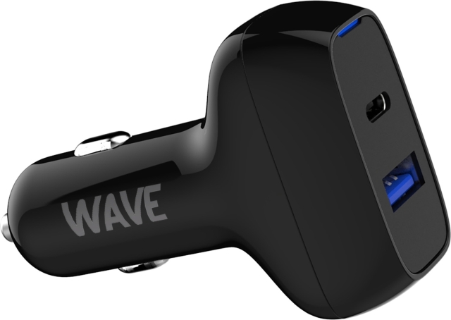 Wave Autolader, 1 x USB Type-C + 1 x USB-A 18W+18W, Zwart