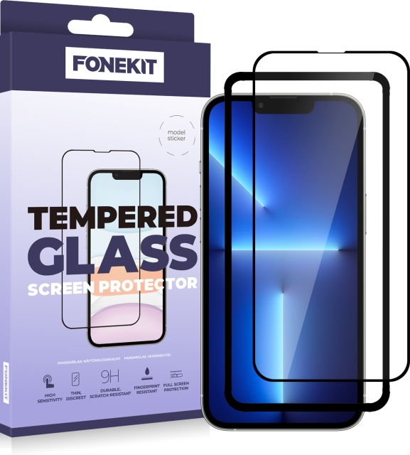 FoneKit Volledige dekking gepantserd glas, iPhone 14 Plus / 13 Pro Max, zwart