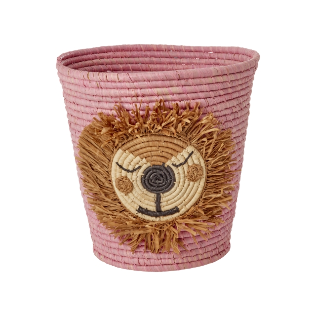 RICE Ronde Raffia Mand met Leeuwenkop - Roze
