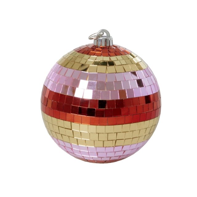 RICE Disco Bal met Strepen en Goud - Roze, Goud en Rood - Medium