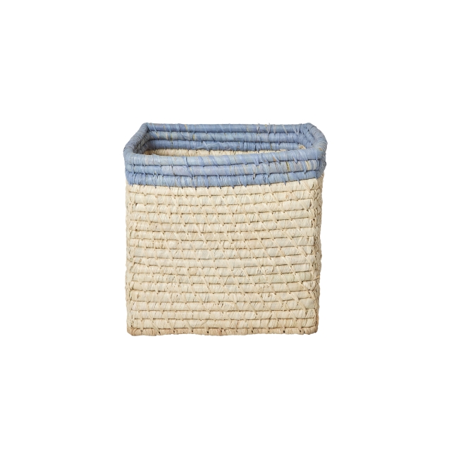 RICE Raffia mand zonder hengsels in natuur met blauwe rand - 20 cm x 20 cm x 20 cm - natuur met blauwe rand