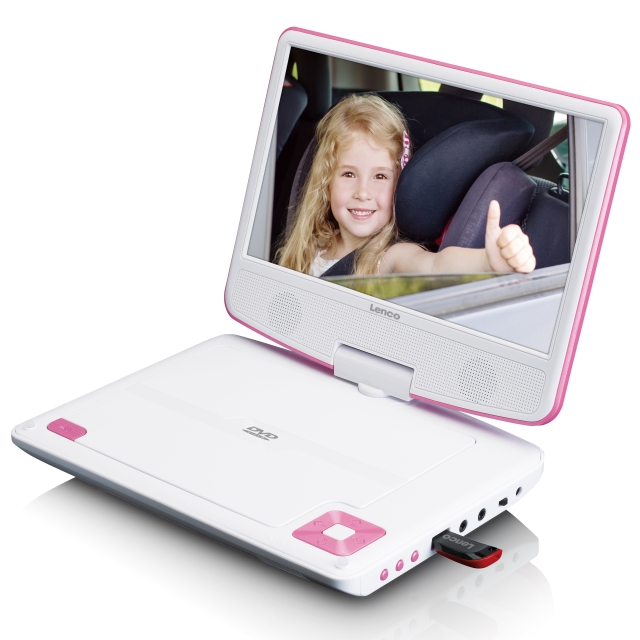 Lenco Draagbare 9" DVD-speler met USB-koptelefoon en montagebeugel Roze