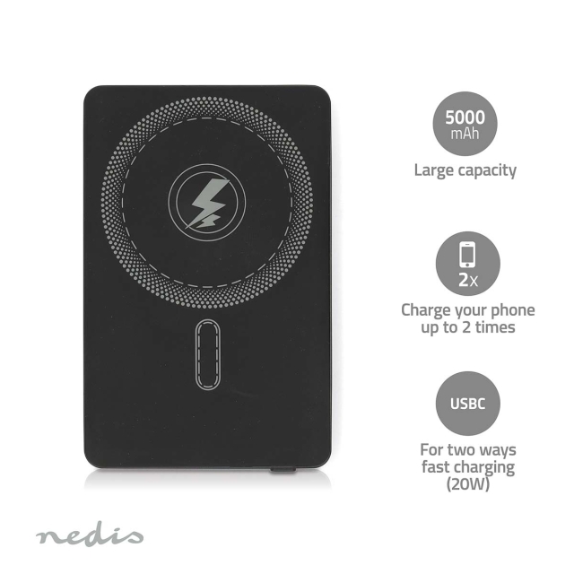 Nedis Powerbank | 5000 mAh | Draadloos opladen | 1.67 / 2.22 / 3.0 A | Outputs: 1 | Output: 1x USB-C™ | Inputs: 1x USB-C™ | PD3.0 20W | Lithium-Polymeer
