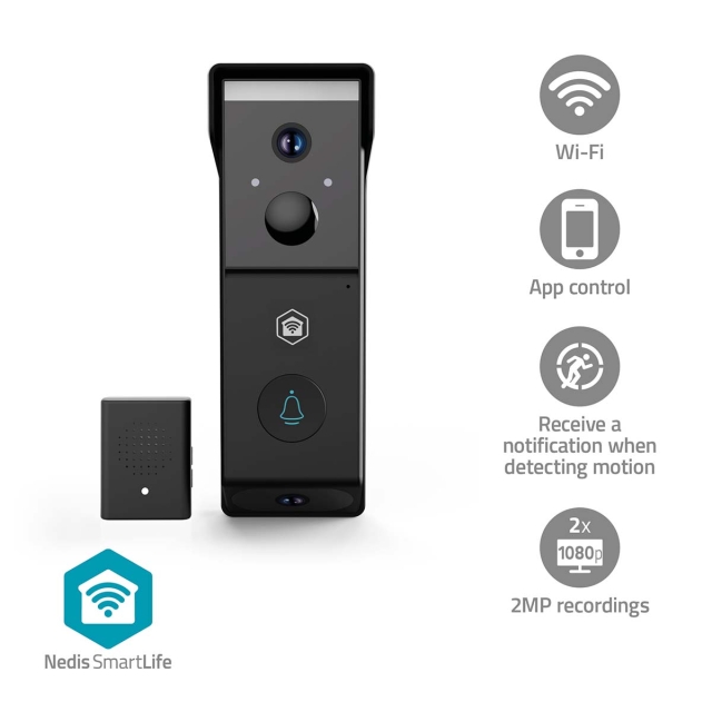 Nedis SmartLife Videodeurbel | Batterij Gevoed | 2x Full HD 1080p | Cloud Opslag (optioneel) / microSD (niet inbegrepen) | IP54 | Met bewegingssensor | Nachtzicht | Zwart