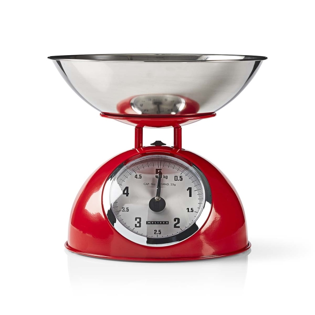 MELISSA Retro keukenweegschaal | Analoog | Metalen behuizing | Afneembare kom | Max. 5kg | Stapjes van 25 gram | Rood