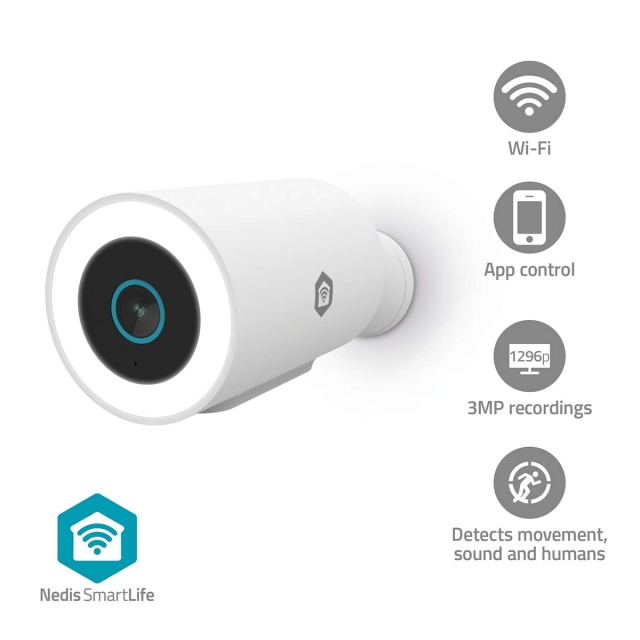 Nedis SmartLife Camera voor Buiten | Spotlight | 3MP Full HD 1296p | IP65 | Cloud Opslag (optioneel) / microSD (niet inbegrepen) / Onvif | 5 V DC | Met bewegingssensor | Nachtzicht | Wit