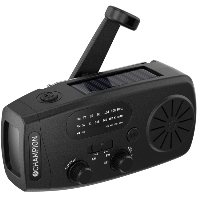 Champion Vevradio med ficklampa och solcell Svart