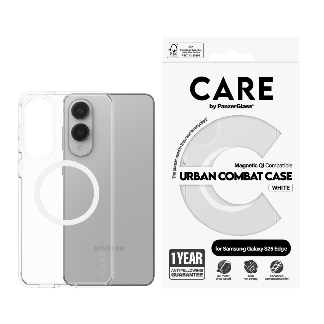 Panzer CARE by PanzerGlass - Flagship hoesje Transparant Urban Combat w. Wit Qi Compatibel Samsung S25 Edge