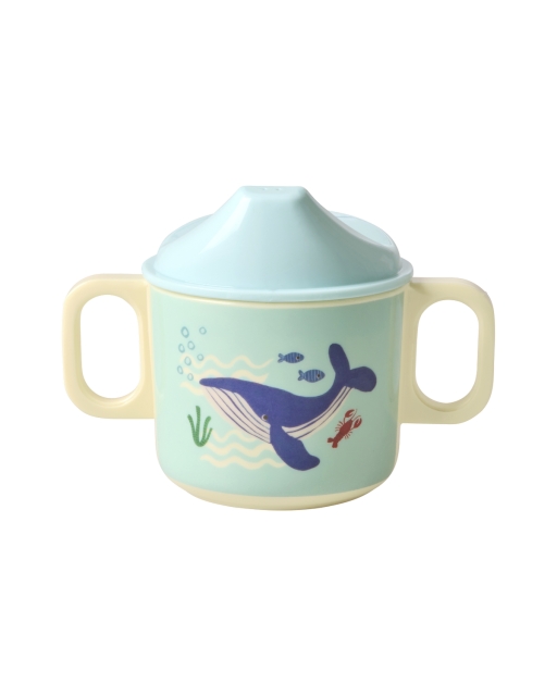 RICE Melamine 2-Hendel babybeker met deksel - Blauwe oceaan print - 250 ml