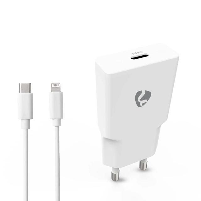 Nedis Oplader | 20 W | GaN | PD3.0 | Snellaad functie | 1.67 / 2.22 / 3.0 A | Outputs: 1 | USB-C™ | Lightning 8-Pins (Los) Kabel | 1.00 m | Automatische Voltage Selectie | Wit