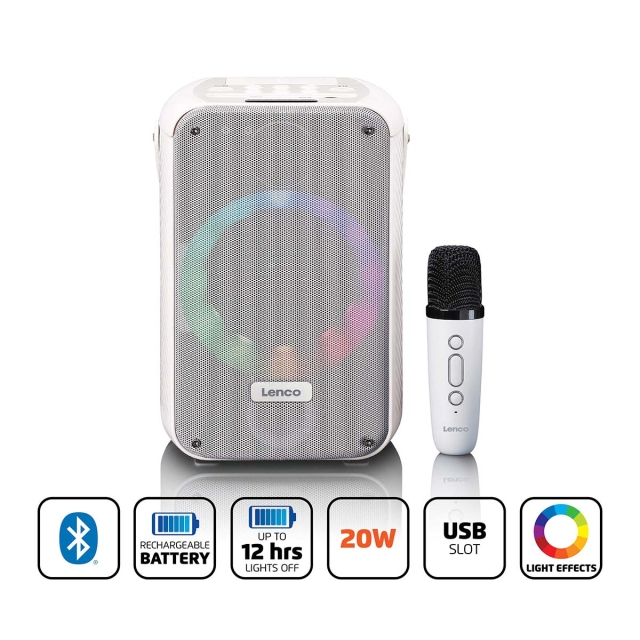 Lenco Karaokesysteem met Bluetooth®, oplaadbare batterij, draadloze karaokemicrofoon en disco LED-verlichting Wit