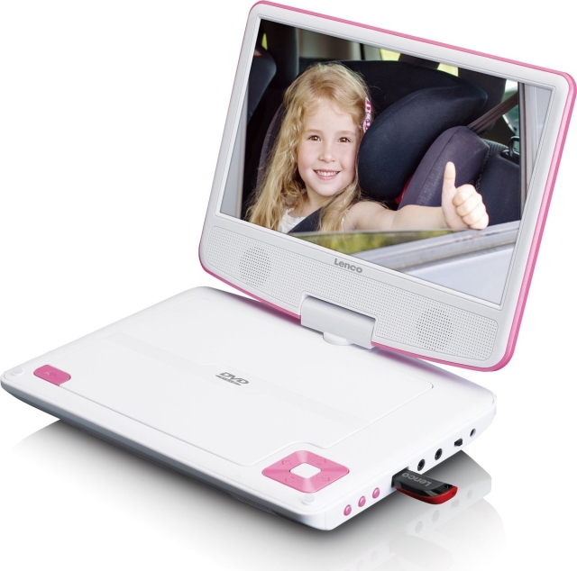 Lenco Draagbare 9" DVD-speler met USB-koptelefoon en montagebeugel Roze / Wit