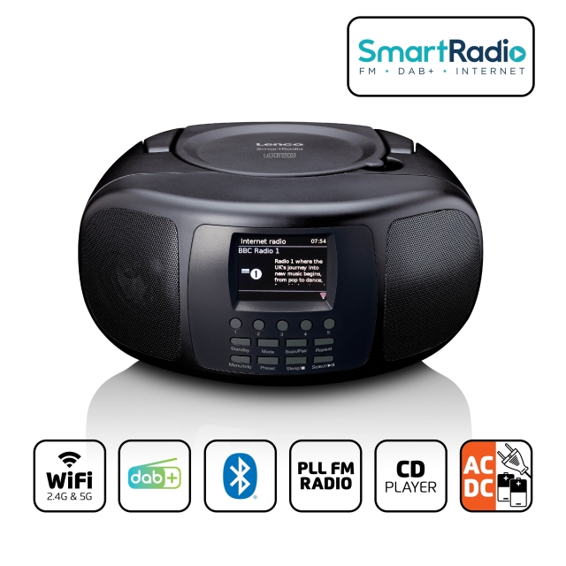 Lenco Draagbare internetradio met DAB+/FM, Bluetooth®, CD-speler en groot LCD-kleurenscherm Zwart