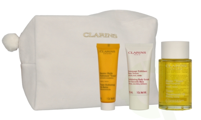 Clarins Aroma Set 160 ml Tonic Treatment Oil 100 ml / Exfoliating Body Scrub 30 ml / Tonic Hydrating Oil-Balm 30 ml  / Large Pouch