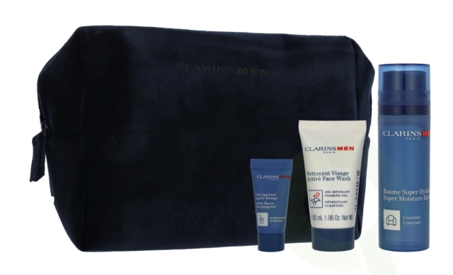 Clarins Men Set 83 ml Super Moisture Balm  50 ml / Active Face Wash 30 ml / Sample Shave Oil 3 ml / Men Pouch