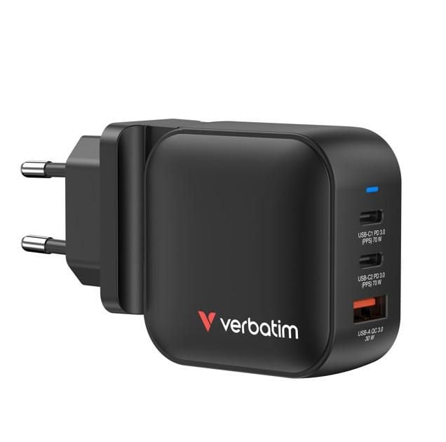 Verbatim Mini GaN-oplader 70 W met 3 poorten, Amerikaanse stekker en adapters voor de EU en het VK