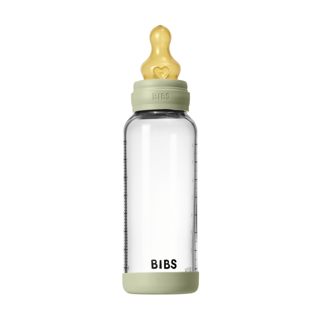 BIBS Glazen babyfles, rond, met latex-tepel en gemiddelde doorstroming - Salie - 240 ml