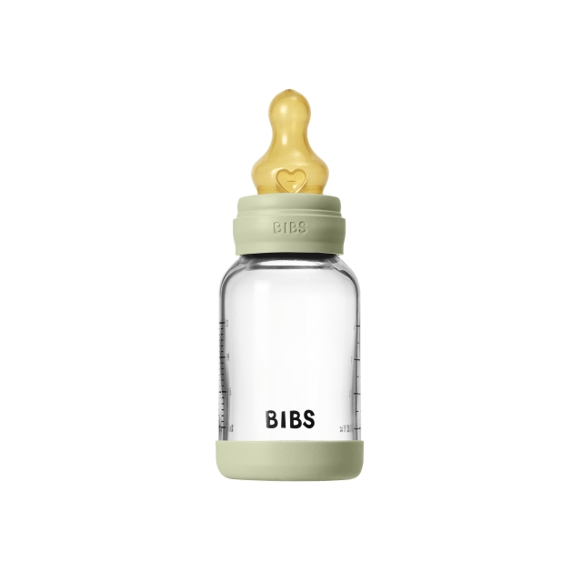 BIBS Glazen babyfles, rond, met latex-tepel en langzame doorstroming - Salie - 120 ml