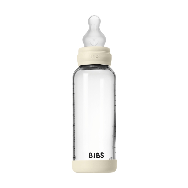 BIBS Glazen babyfles, rond, met siliconen speen en gemiddelde doorstroming - Ivoor - 240 ml