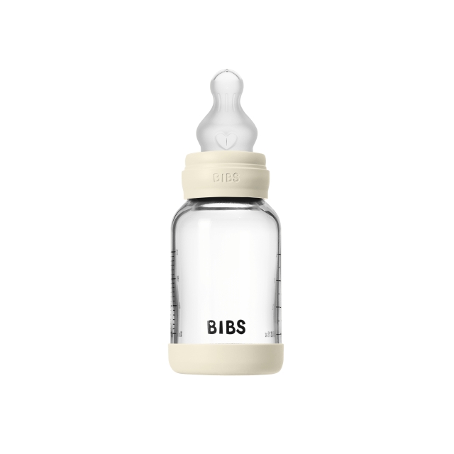 BIBS Glazen babyfles, rond, met siliconen ring, 1 stuk, 120 ml, langzame doorstroming - ivoorkleurig - 120 ml