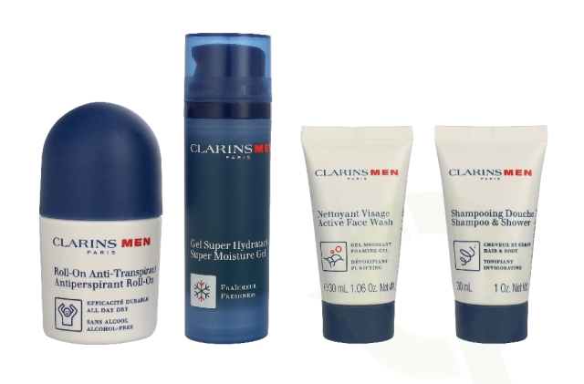 Clarins Men Grooming Essentials Travel Set 163 ml Shampoo & Shower 30ml/Face Wash 30ml/Gel 50ml/Antitranspirant Roll On 50ml/Eye Gel 3ml