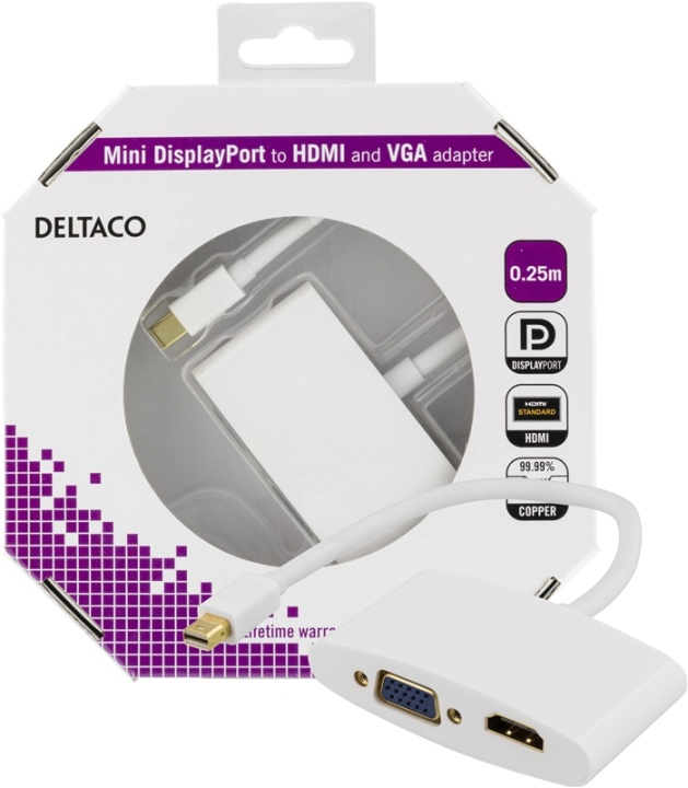 DELTACO mini DisplayPort till HDMI och VGA-adapter, 0,25m, vit in de groep HOME ELECTRONICS / Kabels & Adapters / HDMI / Adapters bij TP E-commerce Nordic AB (38-16843)