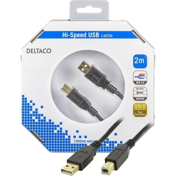 DELTACO, USB 2.0 kabel Typ A hane - Typ B hane 2m, svart (USB-218S-K) in de groep COMPUTERS & RANDAPPARATUUR / Computerkabels / USB / USB-A bij TP E-commerce Nordic AB (38-18147)