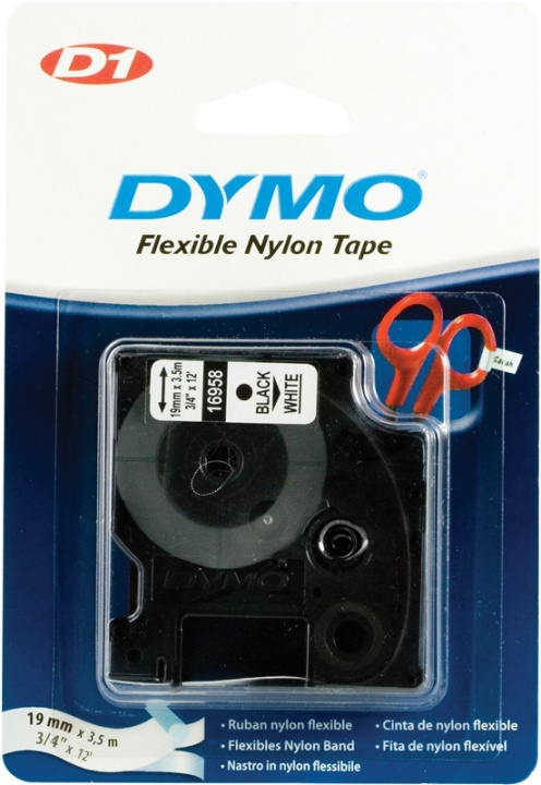 DYMO D1 märktejp flex nylon 19mm, svart på vitt, 3.5m rulle in de groep COMPUTERS & RANDAPPARATUUR / Printers & Accessoires / Printers / Label machines & Accessoires / Tape bij TP E-commerce Nordic AB (38-18536)