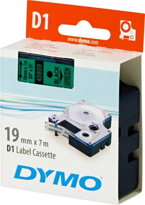 DYMO D1 märktejp standard 19mm, svart på grönt, 7m rulle (45809) in de groep COMPUTERS & RANDAPPARATUUR / Printers & Accessoires / Printers / Label machines & Accessoires / Tape bij TP E-commerce Nordic AB (38-18554)