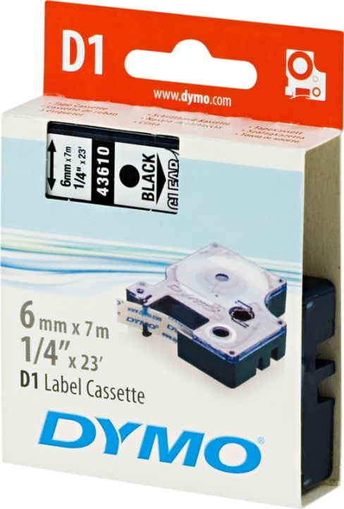 DYMO D1 märktejp standard 6mm, svart på transparent, 7m rulle (43610 in de groep COMPUTERS & RANDAPPARATUUR / Printers & Accessoires / Printers / Label machines & Accessoires / Tape bij TP E-commerce Nordic AB (38-18572)