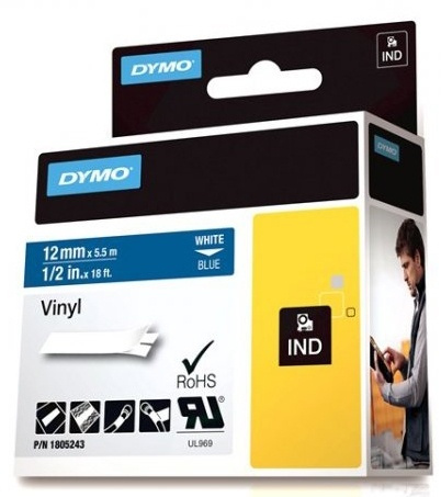 DYMO Rhino Professional, 12mm, märkbar vinyltejp, vit text blå tejp, in de groep COMPUTERS & RANDAPPARATUUR / Printers & Accessoires / Printers / Label machines & Accessoires / Tape bij TP E-commerce Nordic AB (38-18615)