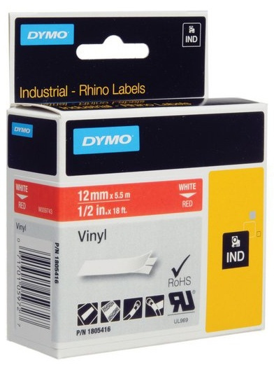 DYMO Rhino Professional, 12mm, märkbar vinyltejp, vit text röd tejp in de groep COMPUTERS & RANDAPPARATUUR / Printers & Accessoires / Printers / Label machines & Accessoires / Tape bij TP E-commerce Nordic AB (38-18618)