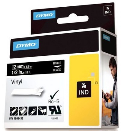 DYMO Rhino Professional, 12mm, märkbar vinyltejp, vit text svart tejp in de groep COMPUTERS & RANDAPPARATUUR / Printers & Accessoires / Printers / Label machines & Accessoires / Tape bij TP E-commerce Nordic AB (38-18619)