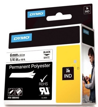 DYMO Rhino Professional, polyestertejp, 6mm, svart text på vit, 5,5m in de groep COMPUTERS & RANDAPPARATUUR / Printers & Accessoires / Printers / Label machines & Accessoires / Tape bij TP E-commerce Nordic AB (38-18637)