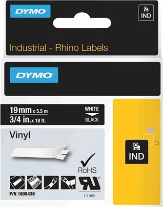 DYMO RhinoPRO 19mm vinyltejp, vit på svart, 5.5m rulle in de groep COMPUTERS & RANDAPPARATUUR / Printers & Accessoires / Printers / Label machines & Accessoires / Tape bij TP E-commerce Nordic AB (38-18641)