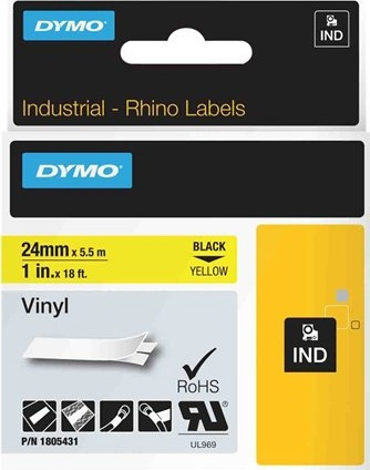 DYMO RhinoPRO 24mm vinyltejp, svart på gul, 5.5m rulle in de groep COMPUTERS & RANDAPPARATUUR / Printers & Accessoires / Printers / Label machines & Accessoires / Tape bij TP E-commerce Nordic AB (38-18642)