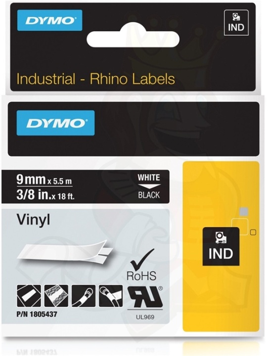 DYMO RhinoPRO 9mm vinyltejp, vit på svart, 5.5m rulle in de groep COMPUTERS & RANDAPPARATUUR / Printers & Accessoires / Printers / Label machines & Accessoires / Tape bij TP E-commerce Nordic AB (38-18643)