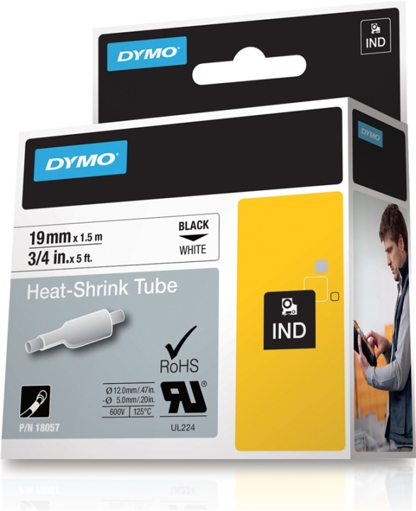 DYMO RhinoPRO märkbar krympslang 19mm, svart på vitt, 1.5m rulle in de groep COMPUTERS & RANDAPPARATUUR / Printers & Accessoires / Printers / Label machines & Accessoires / Tape bij TP E-commerce Nordic AB (38-18647)