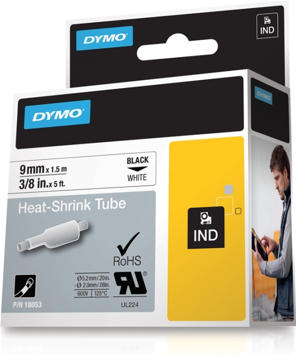 DYMO RhinoPRO märkbar krympslang 9mm, svart på vitt, 1.5m rulle in de groep COMPUTERS & RANDAPPARATUUR / Printers & Accessoires / Printers / Label machines & Accessoires / Tape bij TP E-commerce Nordic AB (38-18651)