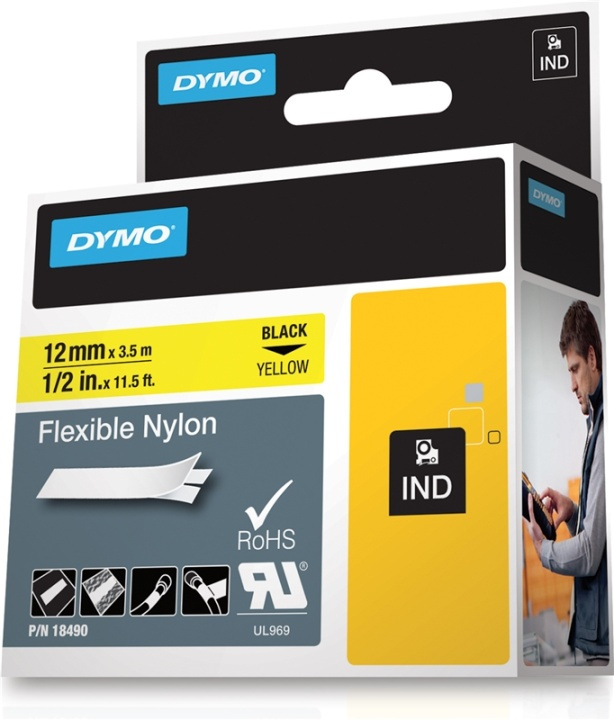 DYMO RhinoPRO märktejp flex nylon 12mm, svart på gult in de groep COMPUTERS & RANDAPPARATUUR / Printers & Accessoires / Printers / Label machines & Accessoires / Tape bij TP E-commerce Nordic AB (38-18652)