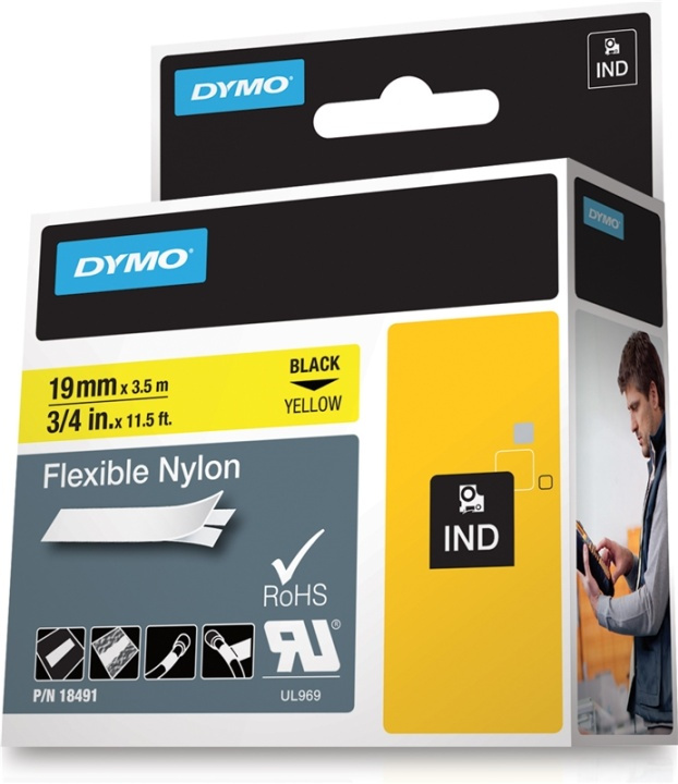 DYMO RhinoPRO märktejp flex nylon 19mm, svart på gult in de groep COMPUTERS & RANDAPPARATUUR / Printers & Accessoires / Printers / Label machines & Accessoires / Tape bij TP E-commerce Nordic AB (38-18654)