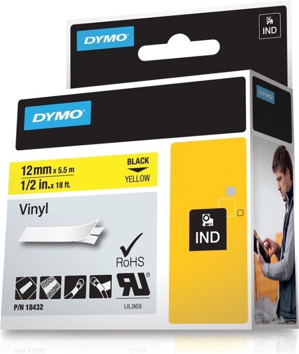 DYMO RhinoPRO märktejp perm vinyl 12mm, svart på gult, 5.5m rulle in de groep COMPUTERS & RANDAPPARATUUR / Printers & Accessoires / Printers / Label machines & Accessoires / Tape bij TP E-commerce Nordic AB (38-18666)