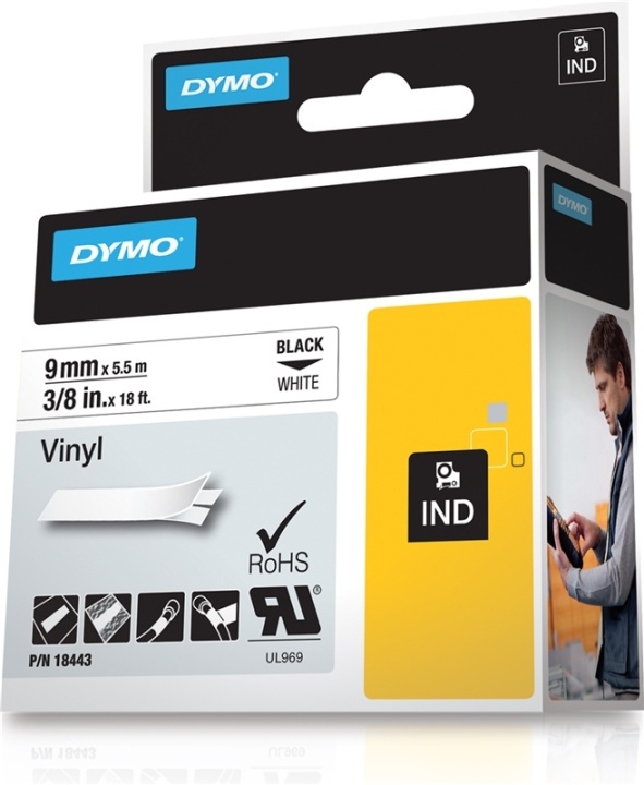 DYMO RhinoPRO märktejp perm vinyl 9mm, svart på vitt, 5.5m rulle in de groep COMPUTERS & RANDAPPARATUUR / Printers & Accessoires / Printers / Label machines & Accessoires / Tape bij TP E-commerce Nordic AB (38-18672)