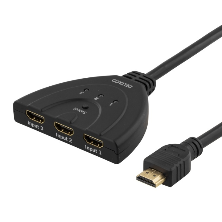 DELTACO HDMI Pigtail Switch, auto/manu HDMI-switch, tre till en, sv in de groep COMPUTERS & RANDAPPARATUUR / Computerkabels / Schakelaars bij TP E-commerce Nordic AB (38-18821)