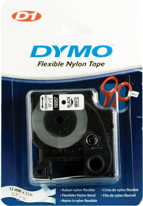 DYMO D1 märktejp flex nylon 12mm, svart på vitt, 3.5m rulle in de groep COMPUTERS & RANDAPPARATUUR / Printers & Accessoires / Printers / Label machines & Accessoires / Tape bij TP E-commerce Nordic AB (38-22248)