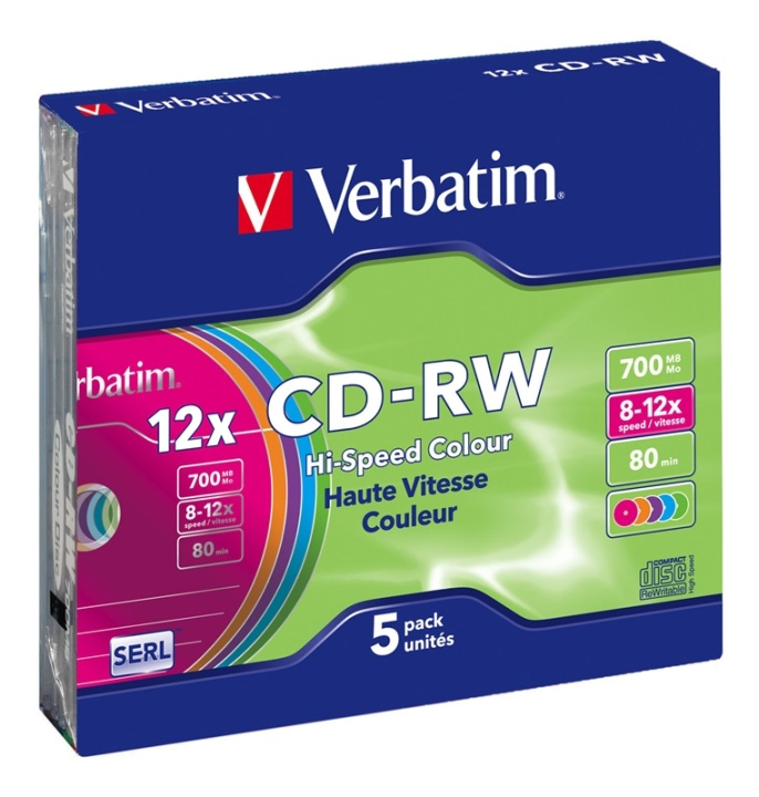 Verbatim CD-RW, 12x, 700 MB/80 min, 5-pack slim case, SERL, färgade in de groep HOME ELECTRONICS / Opslagmedia / CD/DVD/BD-schijven / CD-RW bij TP E-commerce Nordic AB (38-23642)