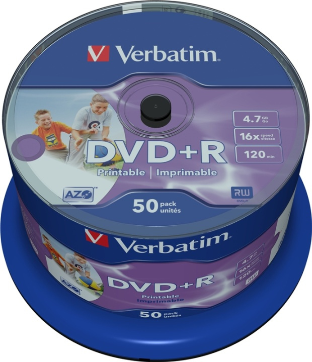 Verbatim DVD+R, 16x, 4,7 GB/120 min, 50-pack spindel, AZO, printable in de groep HOME ELECTRONICS / Opslagmedia / CD/DVD/BD-schijven / DVD+R bij TP E-commerce Nordic AB (38-23659)