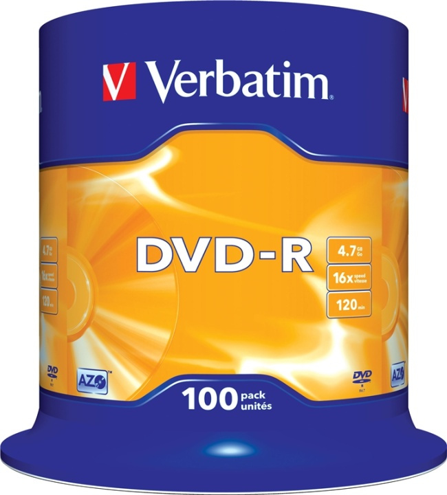 Verbatim DVD-R, 16x, 4,7 GB/120 min, 100-pack spindel, AZO in de groep HOME ELECTRONICS / Opslagmedia / CD/DVD/BD-schijven / DVD-R bij TP E-commerce Nordic AB (38-23691)
