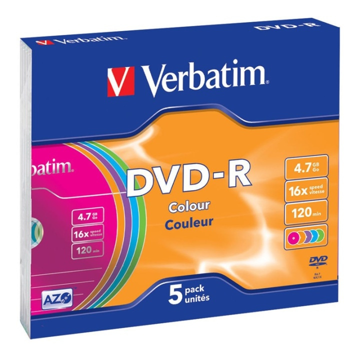 Verbatim DVD-R, 16x, 4,7 GB/120 min, 5-pack slim case, AZO, färgade in de groep HOME ELECTRONICS / Opslagmedia / CD/DVD/BD-schijven / DVD-R bij TP E-commerce Nordic AB (38-23692)